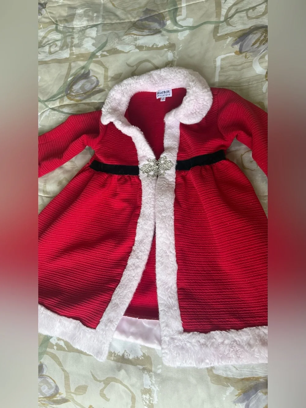 Blueberi Boulevard Red Coat with White Faux-Fur Trim and Jeweled Clasp